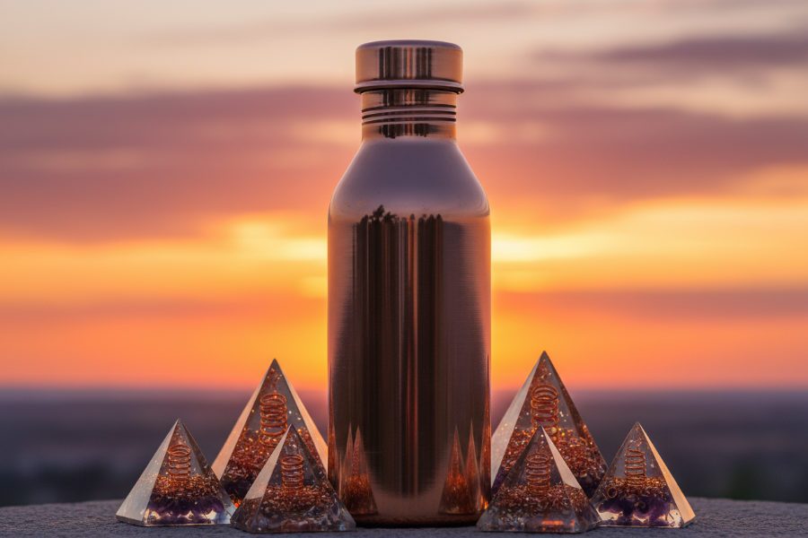 generate beautiful copper bottle and orgonite oyrímids with a beautiful sundown background